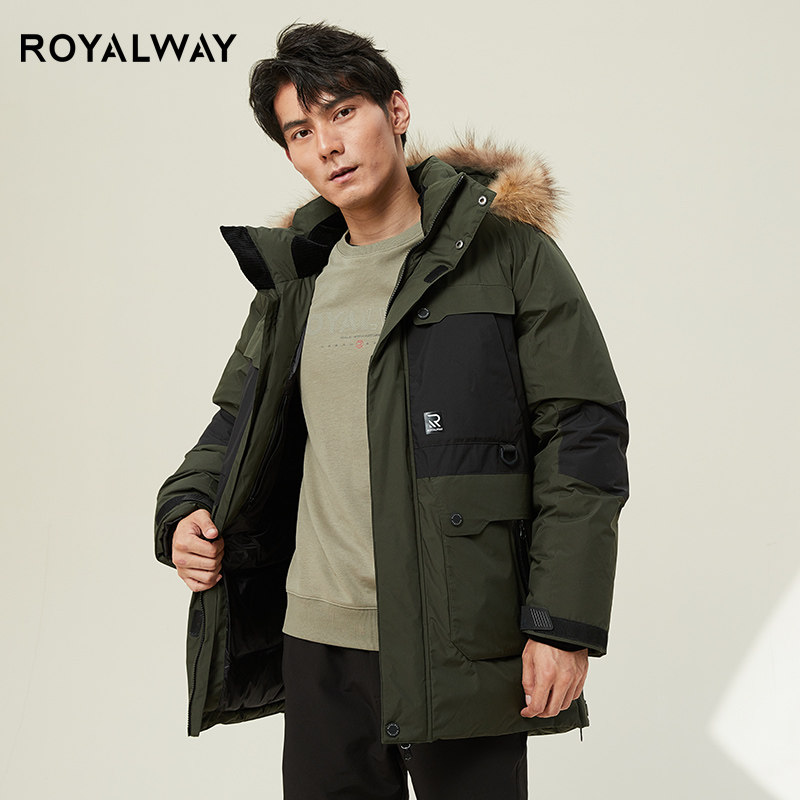 ROYALWAY美户羽绒服男鹅绒90绒连帽可拆卸中长款冬季防风保暖外套