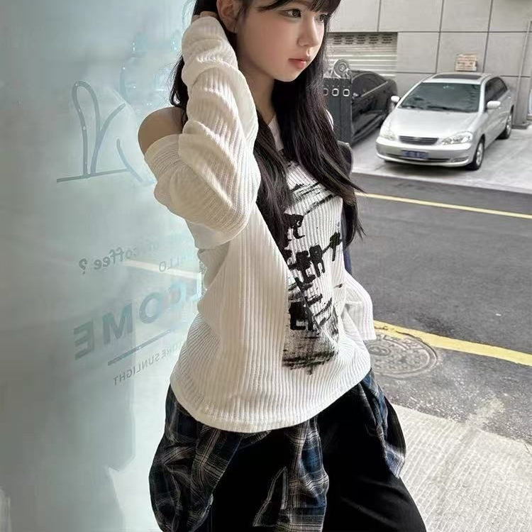 辣妹斜肩休闲宽松上衣小众设计感露肩慵懒风内搭外穿长袖T恤秋季