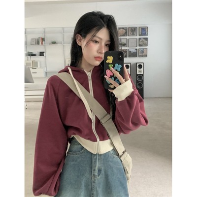 韩版撞色连帽卫衣外套女
