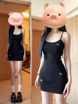 甜辣蝴蝶结吊带包臀短裙子女夏季修身性感纯欲短款外穿修身连衣裙