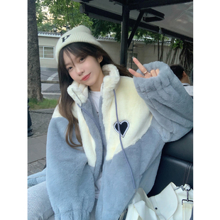 羊羔绒外套女秋冬装2025新款韩版宽松加厚拼接设计感百搭棉服潮