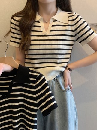 正肩V领条纹短袖针织衫女夏季新款设计感气质修身显瘦甜酷上衣潮