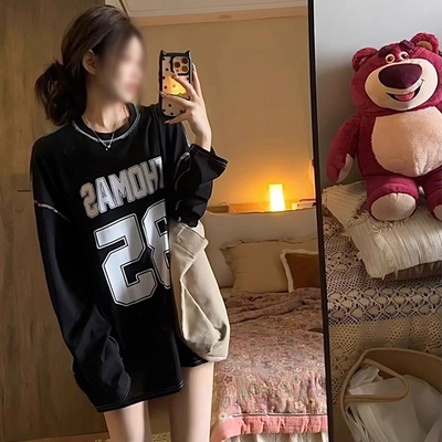 设计感休闲慵懒风字母印花长袖T恤女秋季新款黑色宽松设计感上衣