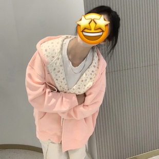 慵懒风粉色碎花拼接连帽卫衣外套女春秋新款 oversize宽松拉链上衣