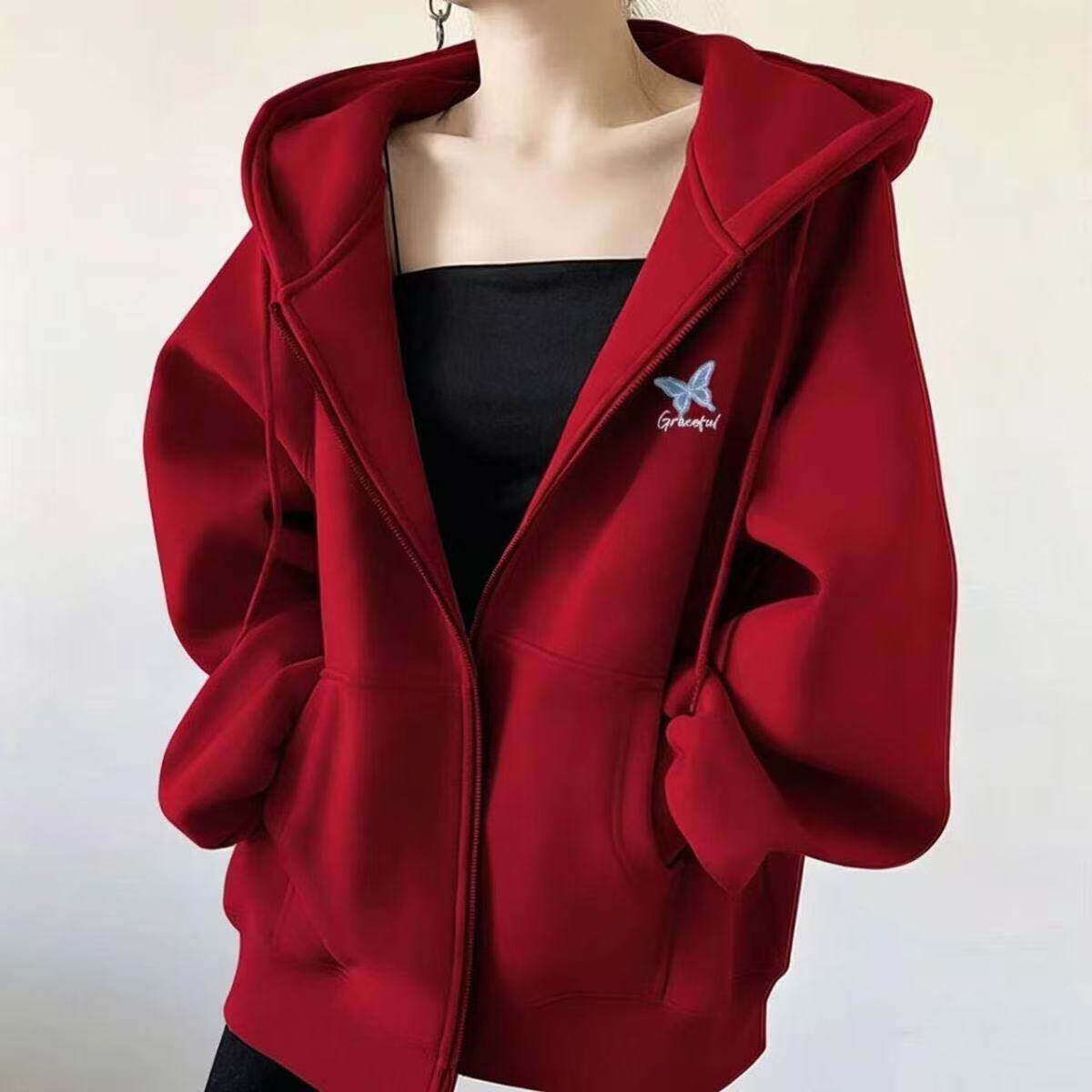 慵懒风连帽卫衣女秋冬加绒红色拉链开衫宽松显瘦设计感小众外套