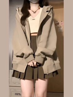 美式复古卡其色oversize连帽卫衣女秋冬加绒宽松慵懒拉链开衫外套