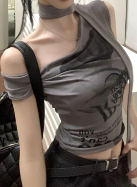 字母印花灰色荡领背心T恤女夏季修身显瘦辣妹设计感无袖短款上衣