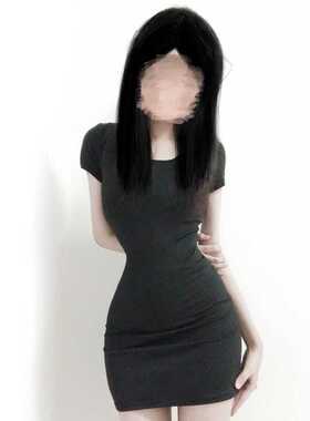 黑色小个子连衣裙女夏款025新款方领春秋季内搭辣妹紧身包臀裙子