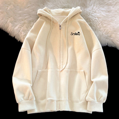 oversize加绒简约开衫卫衣女秋冬2024新款宽松休闲印花连帽外套潮