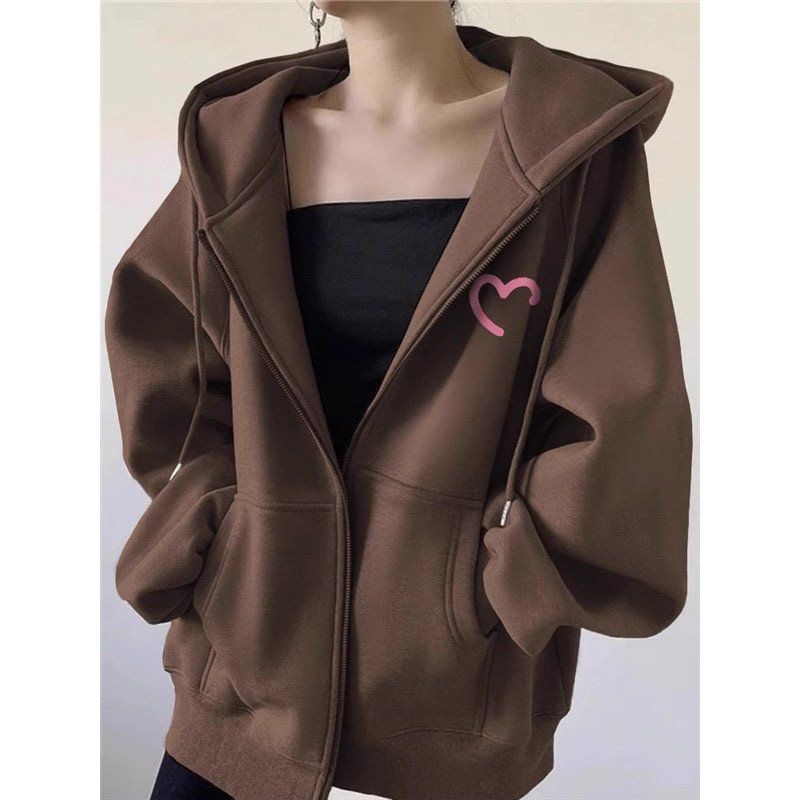 设计感半爱心印花开衫卫衣女oversize简约连帽休闲宽松外套秋冬季