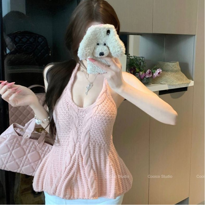 辣妹性感挂脖式V领麻花针织吊带背心女2026新款修身显瘦外穿ins
