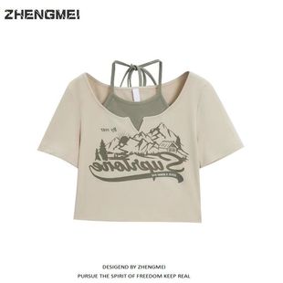 显瘦短袖 辣妹bm短款 修身 新款 女ins T恤小众设计感挂脖上衣2025新季