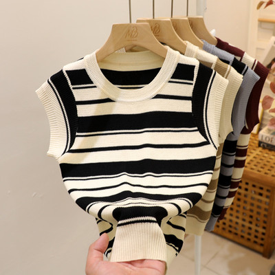条纹针织背心短款吊带女夏季超火ins无袖T恤修身撞色洋气上衣外穿