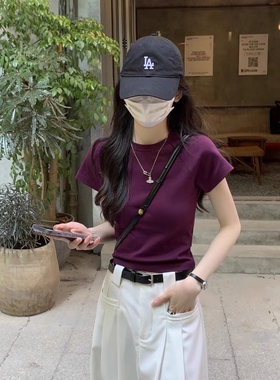 甜辣紫色正肩紧身短袖T恤女夏季小个子修身内搭打底短款显瘦上衣
