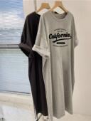 懒人裙字母休闲短袖 过膝开叉裙子夏 中长款 T恤连衣裙韩版 宽松大码