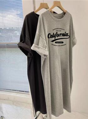 懒人裙字母休闲短袖T恤连衣裙韩版宽松大码中长款过膝开叉裙子夏