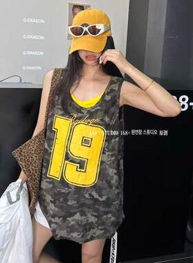 假两件迷彩背心女宽松撞色数字印花无袖宽松休闲洋气遮肉上衣