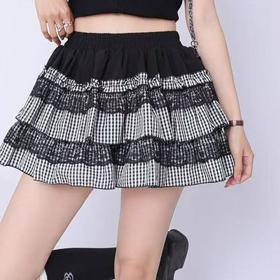 辣妹格子蓬蓬裙女蕾丝半身短裙