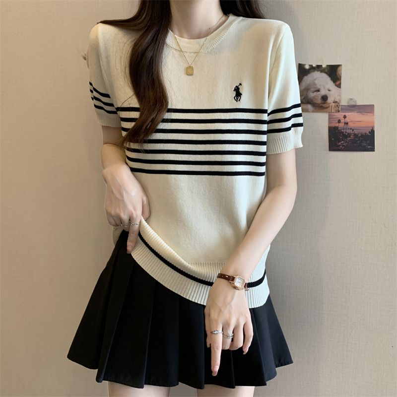 韩版复古条纹撞色短袖T恤女2026夏季圆领百搭上衣修身短款针织衫