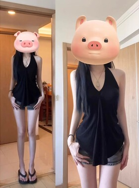 黑色挂脖V领无袖背心女夏季2024新款设计感纯欲辣妹修身无袖上衣