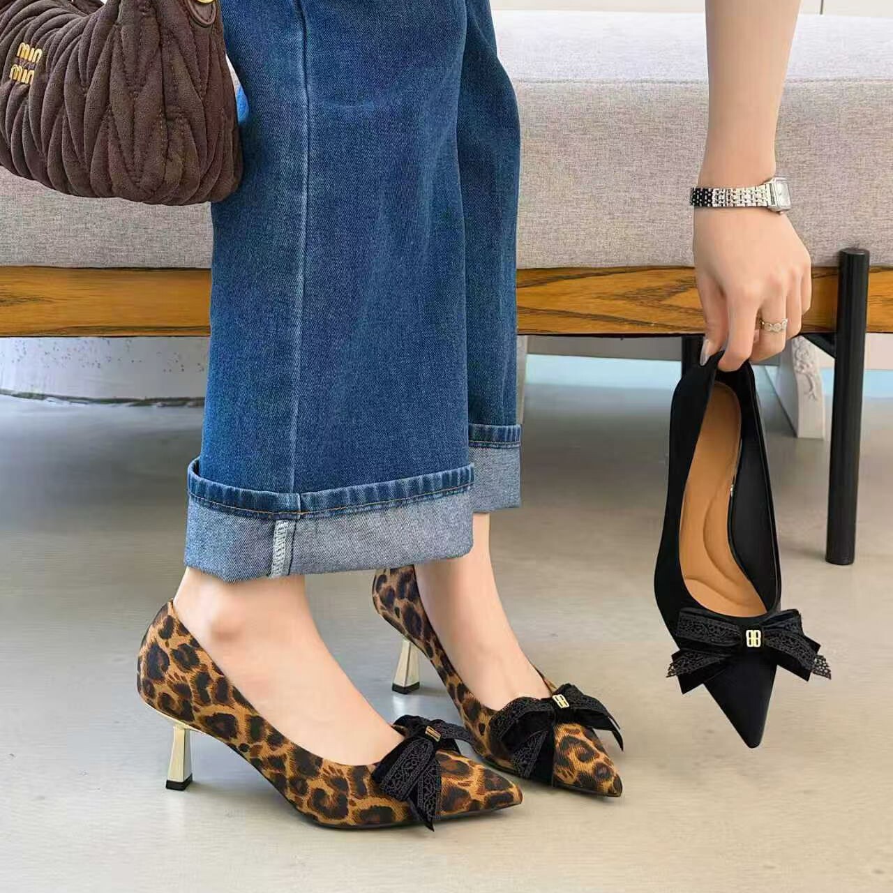 2026春季新款细跟单鞋女法式豹纹蝴蝶结不累脚高跟鞋尖头浅口女鞋