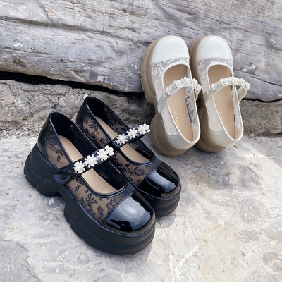 红佰莉乐福鞋玛丽珍鞋蕾丝网面鞋