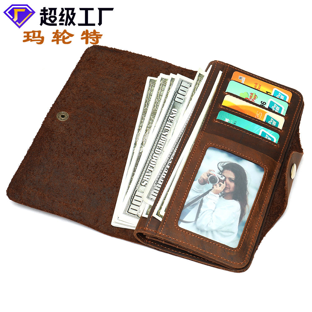 新款品牌真皮长款疯马皮复古男士钱夹手拿包零钱包涤纶车缝线全新