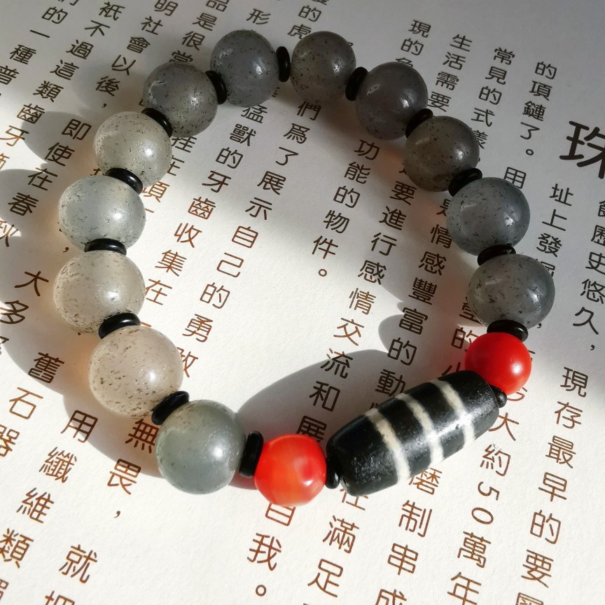 09478西亚千年三线天珠老青玉髓手串老南红老玛瑙高级珠宝配饰