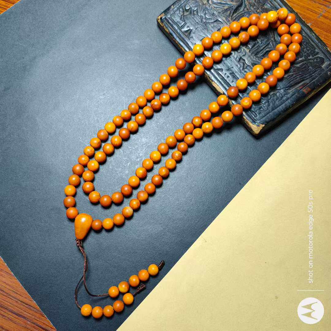 15058西亚老蜜蜡108念珠搭配18k黄金配饰项链26328