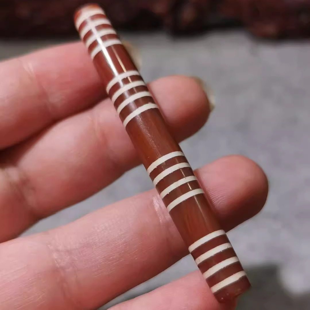 12591西亚老镶蚀红玉髓16线天珠项链吊坠 古董珠宝文玩配饰收藏品