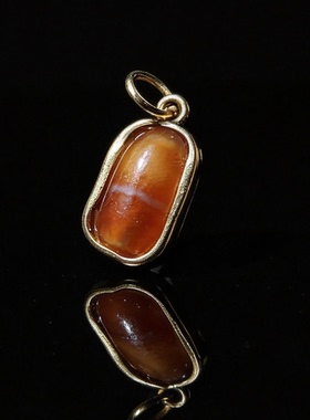 15139西亚3千年镶蚀红玉髓古珠镶18k黄金小滴流吊坠 古董珠宝