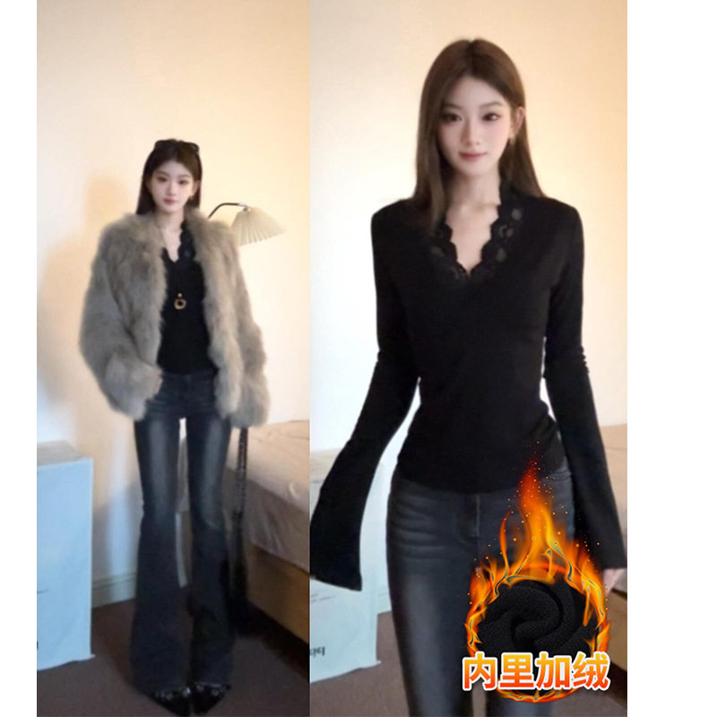 黑色皮草内搭蕾丝打底衫女秋冬天高级感加绒v领纯欲上衣2025新款