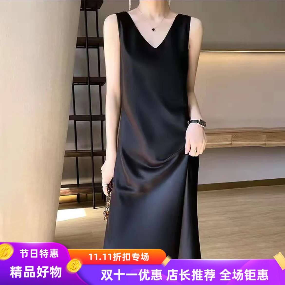 爆款黑色V领无袖连衣裙高档长款过膝夏秋季内搭纯色大码吊带裙子