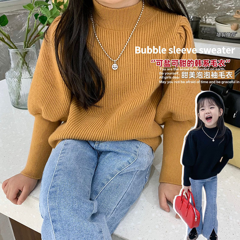 2023冬季儿童圆领毛衣女小童泡泡袖甜美套头舒适针织打底衫上衣
