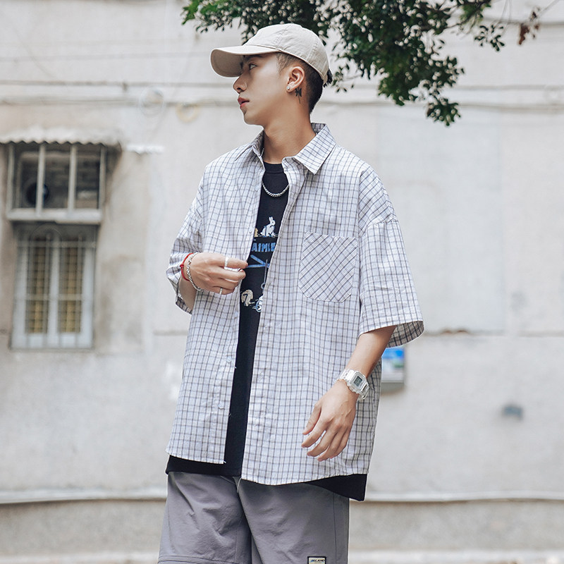 男夏季學院風格子短袖襯衫（100%棉）