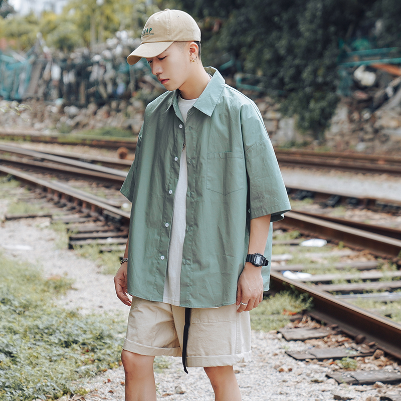 夏季純色簡約百搭翻領短袖襯衫棉
