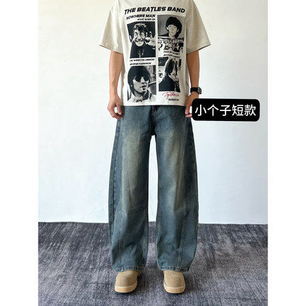 BBC【小个子定制短款】复古做旧明线秋冬季弯刀裤宽松阔型牛仔裤