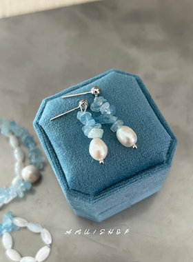 A.MU 海岛日记~清新度假设计感蓝色系串珠耳环海蓝宝珍珠耳钉耳夹