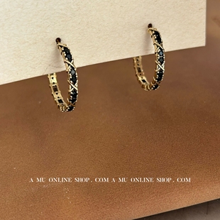 A.MU 暗夜柏林～电镀亚古金做旧黑色锆石耳圈小众设计C形百搭耳环