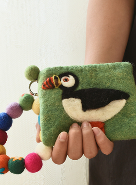 尼泊尔进口手工羊毛毡零钱包绿色小鸟卡通小包包花朵手环式挂件彩