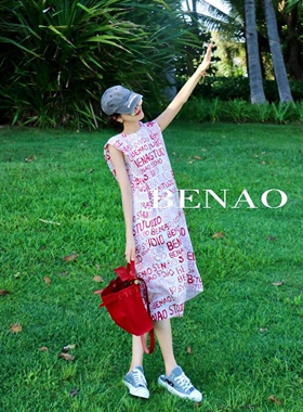 潮流趣味风夏季新款Benao字母韩版宽松涂鸦印花缎面无连衣裙袖