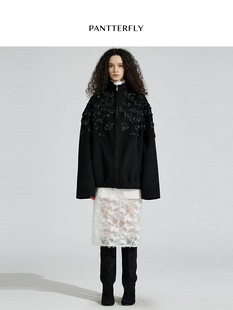 手工绣花时髦外套原创 羊绒大衣宽松短款 PANTTERFLY2025AW 秋冬