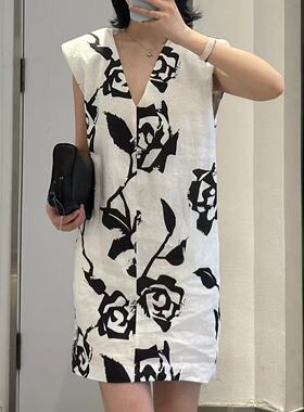 本奥benao黑白玫瑰花V领无袖亚麻连衣裙女宽松中长裙子2025夏季
