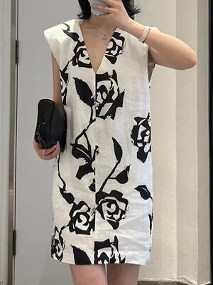 本奥benao黑白玫瑰花V领无袖亚麻连衣裙女宽松中长裙子2025夏季