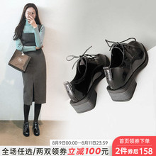 阿么单鞋2020新款系带百搭复古女鞋牛津鞋黑色漆皮小皮鞋女英伦风