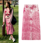 半身裙2025秋季 复古仿牛仔印花显瘦高腰针织中长裙女直筒裙 新品