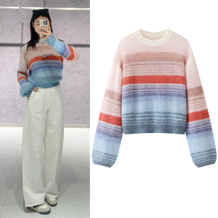 马海毛针织衫2026春季新款甜美多巴胺撞色条纹圆领灯笼袖毛衣女