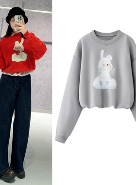 新年红色卫衣2026春季新款趣味卡通小兔子印花圆领短款T恤上衣女