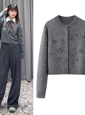 灰色针织衫2026春季新款miu系学院风重工钉钻圆领短款开衫毛衣女