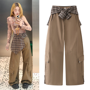 沈梦辰同款工装裤2026春新款叠穿格纹屁帘棕色直筒裤女休闲阔腿裤